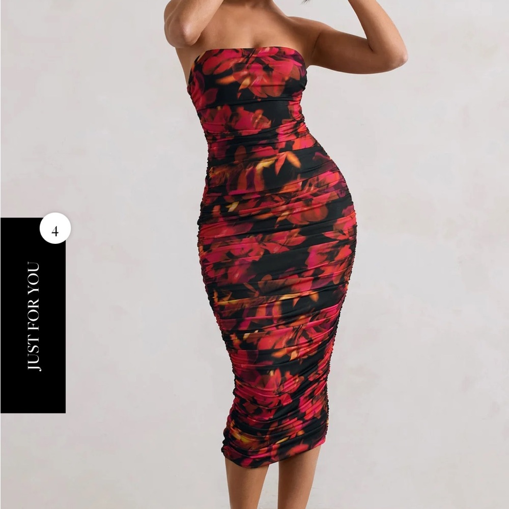 Elegant Red and Black Floral Strapless Midi Dress